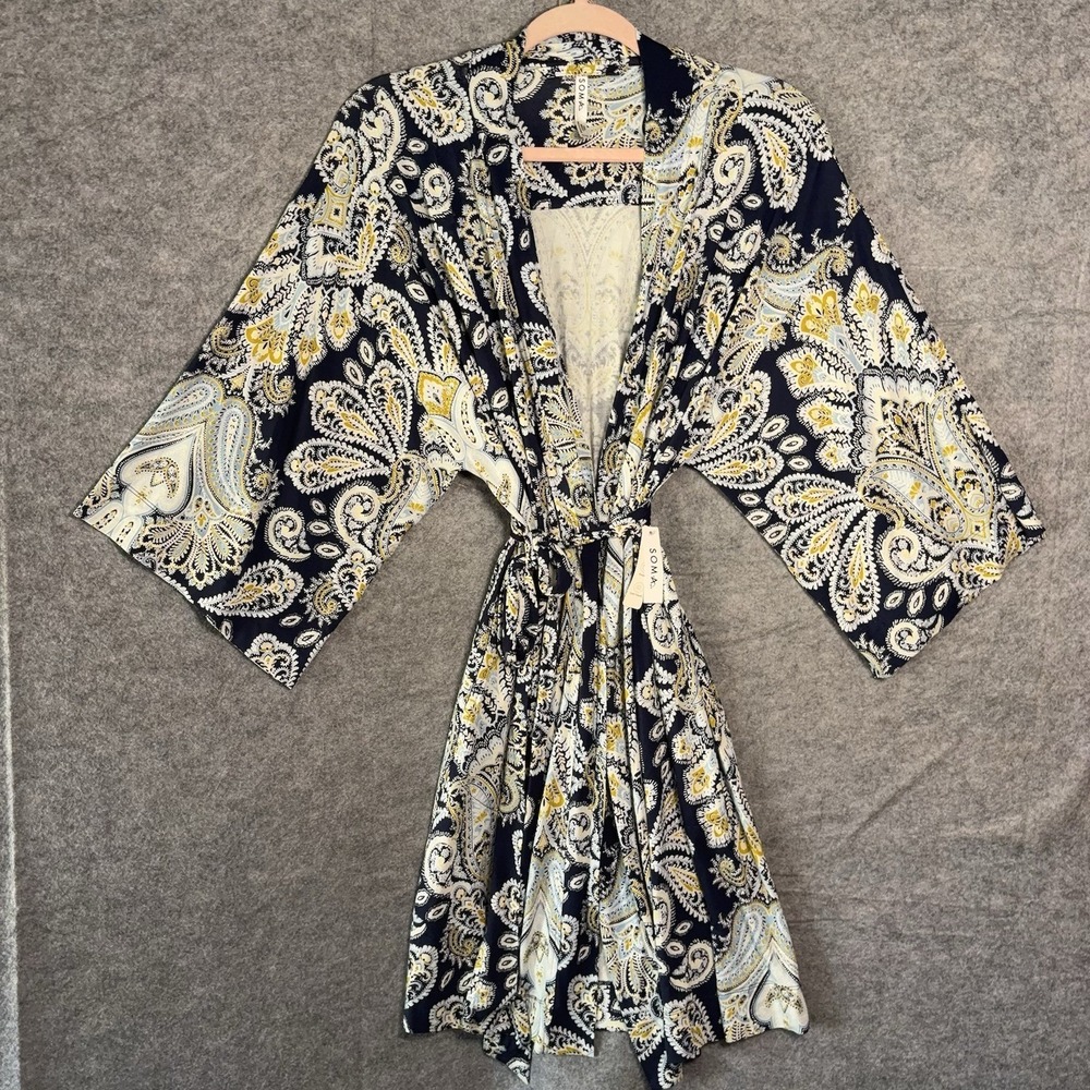 Soma Cool Nights Robe Womens Sz S / M Blue Gold Paisley Kimono Stretch NWT